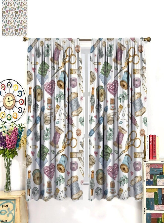 Kurtect Sewing Mashine Window Curtain,Vintage Style Sewing Tool Needle Thread Watercolor Blackout Curtains for Bedroom Cafe Dining Room Office Living Room Kitchen Drapes, 42x45 in - Image 3